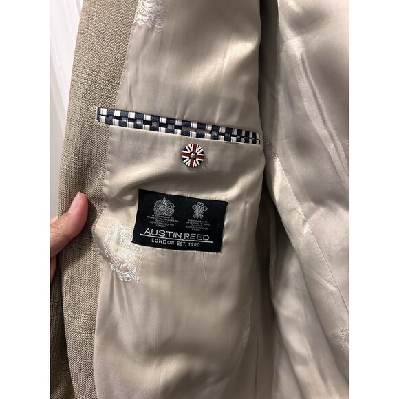 Austin Reed Blazer Men 44L Tan Brown Check Silk Wool Blend Sport Coat 2 Button - Picture 4 of 5